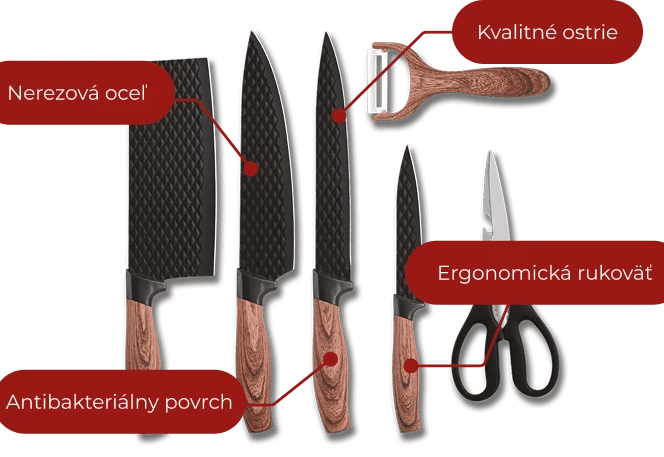 Kuchyňská sada obsahují sekáček, ostrý nůž, nůžky a škrabku